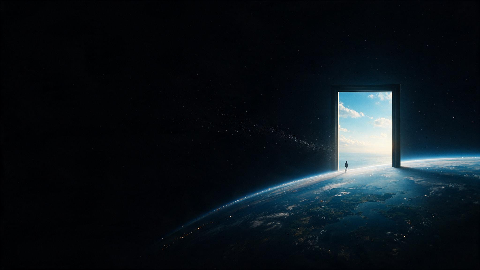 A cinematic doorway opening above Earth